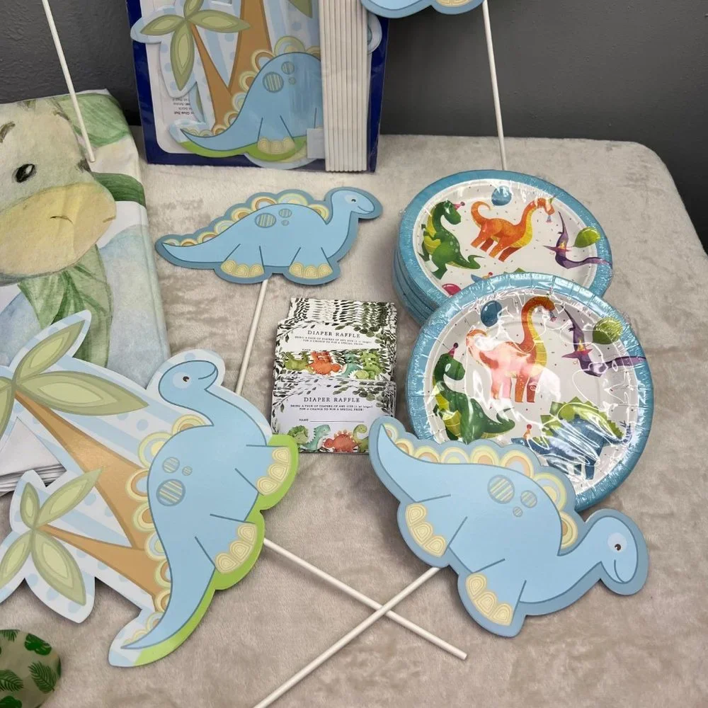 Baby Shower Dinosaur Decorations Lot Diaper Raffle Photo Backdrop Balloons Plate